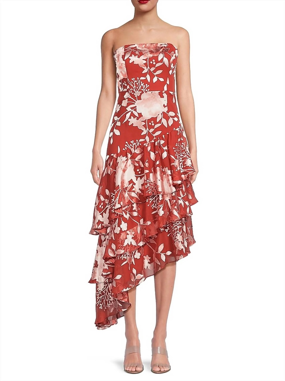Hutch Strapless Rust Floral Ruffle Asymmetric Dress